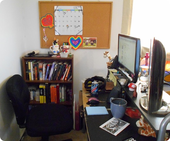 My new office space. Yes, I mutilate my desk. Whatever.